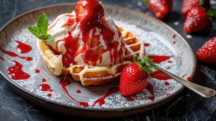 Wall Mural - Delicious waffle topped with ice cream and fresh strawberries. Perfect for food and dessert concepts