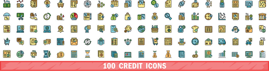 Wall Mural - 100 credit icons set. Color line set of credit vector icons thin line color flat on white