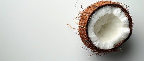 Canvas Print -   Half-cut coconut on white table with another half-cut coconut nearby