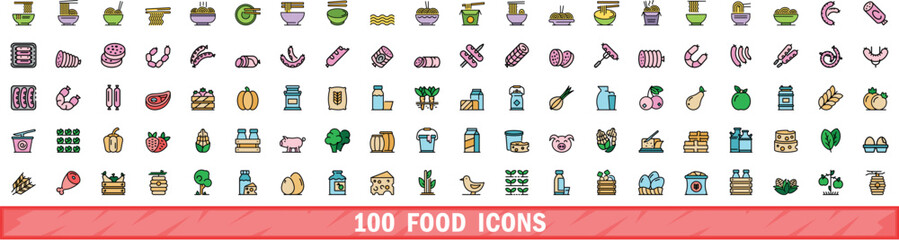Poster - 100 food icons set. Color line set of food vector icons thin line color flat on white