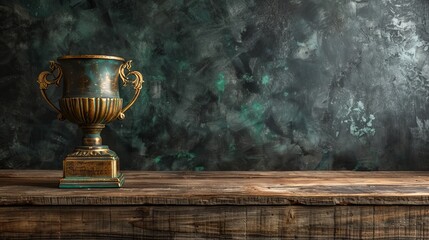 Trophy placed on top of an old wooden table positioned in front of a blackboard.