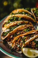 Wall Mural - Delicious plate of tacos with fresh lime wedges, perfect for Mexican food concept