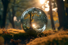 A Big Crystal Ball Full Of Green Trees With Nature And Life Inside The Crystal Vola, In The Middle Of A Post-apocalyptic Burning World, 4k, Qhd, Hyper-realistic, Full Of Details