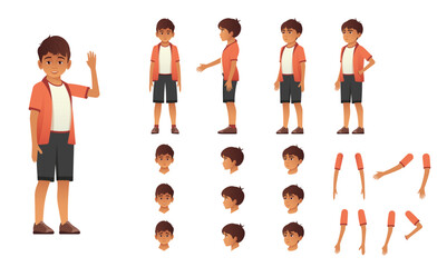 Complete character design of a young boy with various facial expressions and poses for animation.