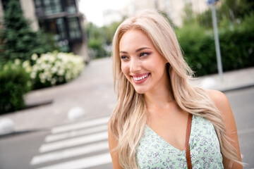 Poster - Portrait of gorgeous lovely girl walking spending weekend time vacation during summertime season outside