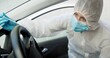 Science, csi and swab for dna evidence in crime scene car for investigation of accident and burglary with hazmat..Forensic, research analysis and person with sample collection for medical observation