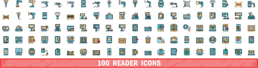 Poster - 100 reader icons set. Color line set of reader vector icons thin line color flat on white