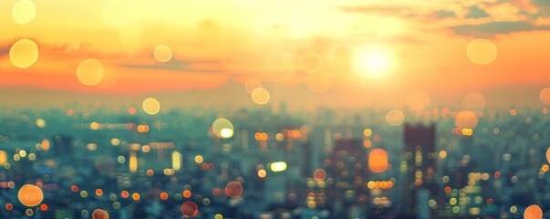 blurred cityscape background with bokeh lights and sunset sky, golden light, yellow tone, blurred ur