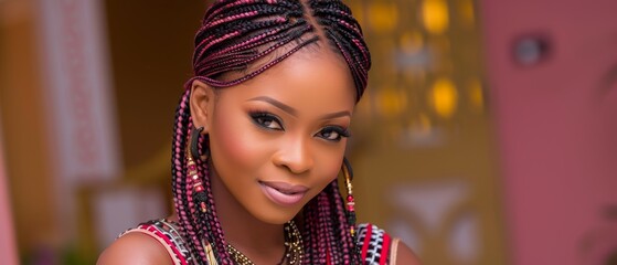 Sticker -   A woman with pink and black braids on her head, wearing a red and white top and a gold necklace