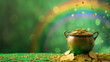 Pote de ouro com um arco íris no fundo verde 