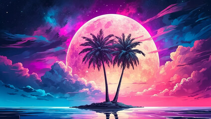 Two palm trees on a small island. Purple sunset and setting sun. Vaporwave style