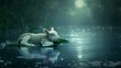 A lamb lies peacefully on a floating leaf in the middle of a serene body of water, enveloped by the soft glow of the moonlight.
