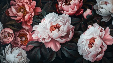 Poster - Elegant Peonies in Full Bloom, Dark Floral Background for Serene Ambiance. Perfect Botanical Artwork for Decor. AI