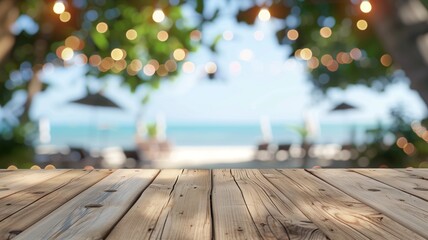 Wall Mural - Wooden table top with the blurred tropical beach landscape for display or montage your products. AI generative.