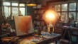 A single, vividly glowing light bulb floats in the foreground of a spacious, artistically cluttered studio, casting a halo of light that symbolizes the birth of an idea.