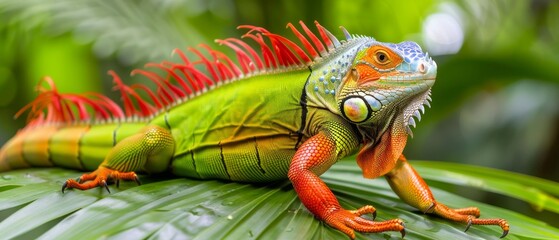 Sticker -   A close-up of a vibrant green and orange lizard perched on a leaf, adorned with striking red and white stripes on its head