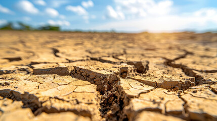 Cracked dry earth under blue sky, extreme drought, climate change impact, barren landscape, close-up view