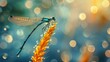 Macro view  damselfly perched on reed with river background in photographic realism
