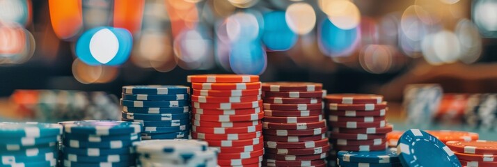 stacks of poker chips on a gaming table in casino, close up shot of piled up gambling chips, casino banner concept with copy space, gamble venue header