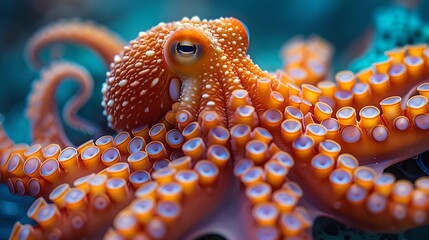 Wall Mural - Vibrant Orange Octopus Embracing the Ocean Blue, Underwater Marvel. A Stunning Display of Marine Life in its Natural Habitat. AI