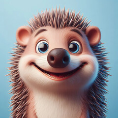 Poster - Portrait of friendly hedgehog with smiling face isolated on blue background, funny 3D character design for website app or video game avatar