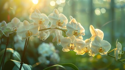 Sticker - Delicate orchids suspended in a greenhouse bathed in soft light