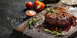 closeup juicy beef steak with rosemary and tomatoes on wooden surface. appetizing grilled beef with copy space, fried meat restaurant concept