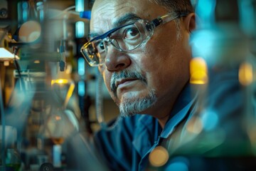 Aufkleber - Amidst high-tech equipment, this professional is depicted working in a futuristic lab setting with a blurred face