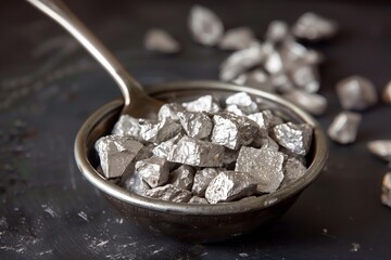 Close up of shiny metallic zinc pieces in a vintage metal bowl, conveying a sense of wealth and natural resources