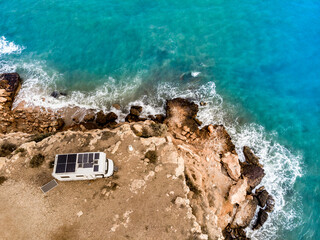 Canvas Print - Camper on coast in Spain. Aerial view