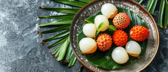 Poster -   Close-up of a plate of food with palm fronds and other items on the table