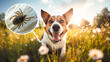 Funny portrait of a smiling Jack Russell Terrier dog playing in the meadow and a macro collage of a magnified tick on the dog's fur. copy space. Concept of products for protection against ticks 