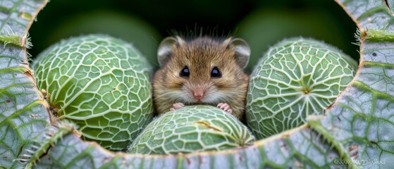 Wall Mural -   Small rodent emerges from large green plant with lush, circular foliage