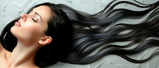 Wall Mural -   A portrait of a woman with long black hair flowing in the wind against a gray backdrop