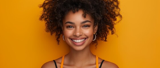 Poster -   A close-up of a person wearing an orange tank top, earrings, and a matching pair of earrings