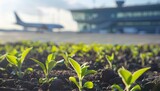 Fototapeta Natura - Green plant growing on the airport with a business private jet behind, emphasizing the environmental impact of aviation. AI generated illustration
