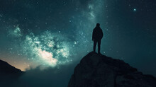 Silhouetted Wanderer Gazes At The Milky Way. Mountaintop Majesty Milky Way Meets Solitary Traveler.
