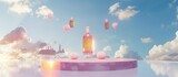 pink bottle floating in the air towards to diffrent directions