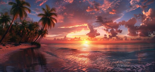 Wall Mural - A vibrant sunset over the palm trees on an exotic beach, creating a picturesque scene of nature's beauty Generative AI