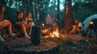 Photo of a futuristic portable electric speaker placed on an outdoor camping table surrounded by people sitting around campfires in nature at night. AI generated illustration