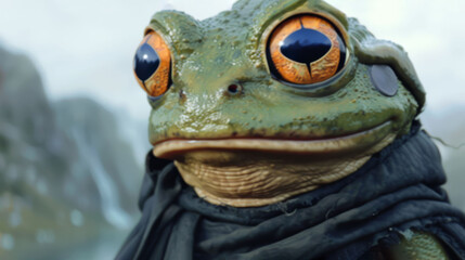 Wall Mural -   A close-up photo of a frog with a scarf on its neck and a mountain in the background
