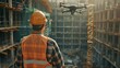 Engineer with drone inspecting construction site - A construction worker in safety gear operates a drone at a bustling building site, highlighting modern technology in construction