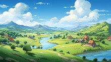 A Beautiful Cartoon Landscape With A River Running Through A Valley Between Two Mountains, A Small Village On The Riverbank, And A Blue Sky With Fluffy White Clouds.