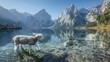 This image captures the moment a lamb curiously approaches a clear mountain lake, dipping its hooves into the water.