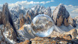 A rugged mountain range with snow-capped peaks and rugged terrain, enclosed within a majestic 3D glass globe.