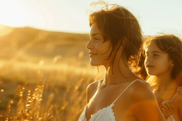 Woman and girl in golden field, sunset, summer, natural light, serene expression, mother and daughter, outdoors, warm atmosphere