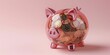 Explore the inner workings of a piggy bank bursting with coins against a soft pastel pink backdrop, offering tangible savings insights.