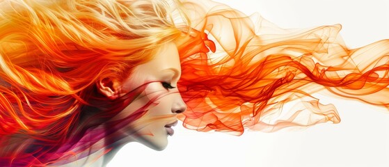 Sticker -   An image of a woman's face with red and orange smoke emanating from her mouth and hair billowing in the wind