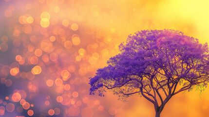  background with the theme welcome spring, depicting the purple ipe tree against the golden hour sky