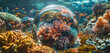 A bustling coral reef ecosystem thriving within the confines of a 3D glass globe, showcasing the beauty of underwater life.